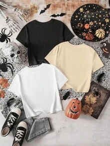 Halloween T-Shirt Set Pack. Single Garment, Not A 3-Piece Set. 1 Piece/Set Of Short-Sleeved T-Shirts Suitable For Streetwear. Oversized Round Neck Top For Daily Outings, Camping, Concerts, Hip-Hop, Rock, And Rap Events. Ghost, Skeleton, Ballerina, Witch, Elegant, Casual, Solid Color, Round Neck, Short Sleeves, Versatile. - 白色 - 查看 2