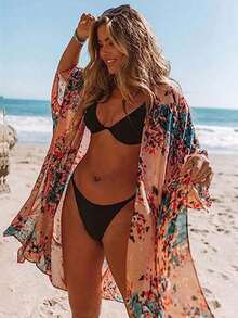Women's Floral & Leaf Print Beach Cover Up Kimono Vacation Summer - Nhiều màu - Xem 5