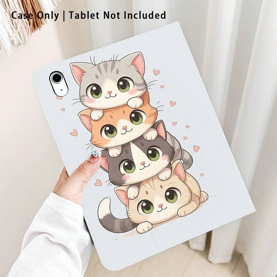 4件套可爱猫咪爱心图案翻盖平板电脑保护套，带笔槽，兼容三星A9/A9+/S9/S9FE/A11/A11+/S11/S10 FE/S10 FE+/S10 Lite，具备自动休眠/唤醒功能，是返校、情人节、节日的理想礼物。 - 彩色 - 查看 1