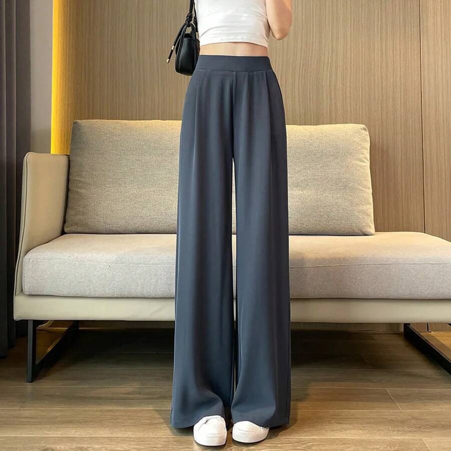 Pantalones de cintura alta de pierna ancha para mujer, holgados, casuales, de corte recto, largos hasta el tobillo, que estil... - Pantalón gris con bolsillos resistente a las bolitas. - Ver 1