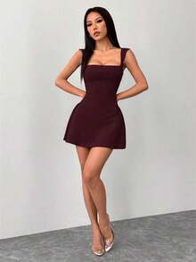 Vestido rojo sólido, mini, con cuello cuadrado sexy y elegante, cintura de gota para fiesta y citas - Rosa Roja - Ver 8