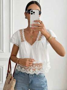 Blusa de mujer con cuello en V, manga corta y espalda con lazo, de encaje y parches, 100% algodón, estilo romántico francés, con diseño de espalda descubierta y mangas abullonadas, versátil para uso diario/casual, verano para mujeres, Día de San Valentín, Carnaval, vacaciones, blusa casual, top Y2K, blusa de encaje, blusa bohemia, top de encaje - Blanco - Ver 8