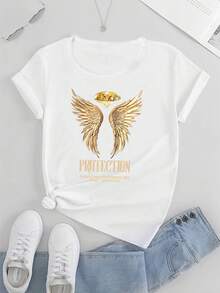 Camiseta de algodón de manga corta para mujer, estilo Y2K con estampado de alas de ángel y eslogan de protección, cuello redondo - Tela suave, microelástica y no transparente, lavable a máquina, top casual de manga corta para atuendos informales, moda para todas las estaciones, camiseta con gráfico audaz, ropa de fácil cuidado, corte relajado, estilo retro, ajuste cómodo, camiseta estampada, para amantes de la moda. - Blanco - Ver 6