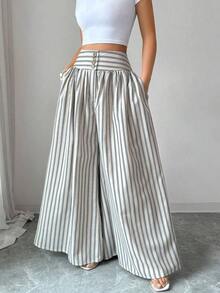 Nuevos pantalones anchos de mujer de estilo casual y elegante con diseño de hebilla floral, pantalones largos de lino de color caqui adecuados para primavera/verano, Acción de Gracias, Halloween, pantalones anchos y sueltos versátiles, pantalones - Multicolor - Ver 3