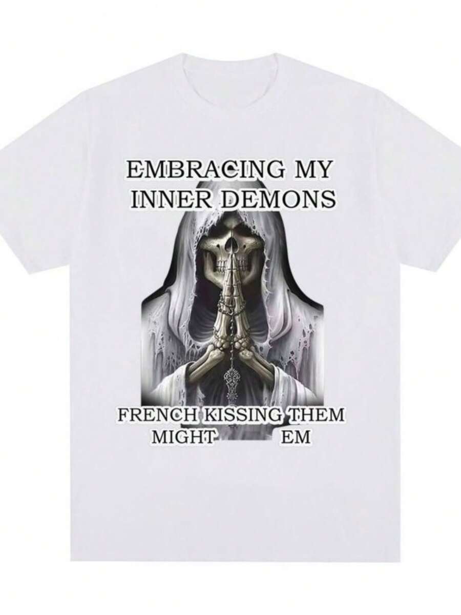 Women's T-ShirtsEmbracing My Inner Demons French Kissing Them Might Em Funny Skeleton Meme Graphic T Shirt Men Women Cotton Short Sleeve T-Shirt - 白色 - 查看 1