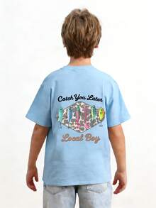 Tween Boy Casual Graphic Print Crew Neck Short Sleeve T-Shirt, Summer Top - Baby Blue - View 5