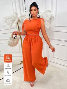 AIJ Women's Casual Orange 2-Piece Set, Plus Size Asymmetric Bow Top With Pleated Waist Pants, Suitable For Dates And Daily Wear Elegant Summer - Orange - View 5