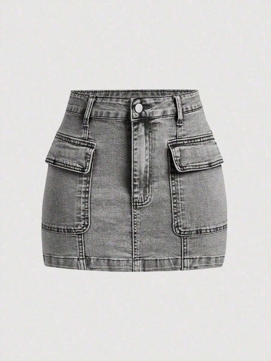 Minifalda de mezclilla cargo con bolsillo tipo flip de moda callejera casual de verano para mujeres - Gris - Ver 1