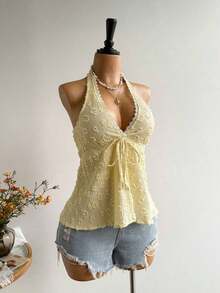 Conjunto de Playa Casual sin Espalda para Mujer, Estilo Bohemio, para Vacaciones, Festival de Música Hawaiana, Vacaciones Tropicales, Top Halter de Verano - Albaricoque - Ver 4