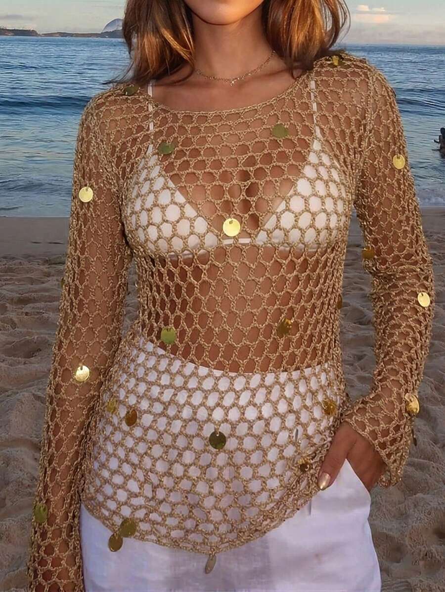 غلامي غطاء شاطئ مصنوع يدويًا من الترتر بتصميم كروشيه مثير بياقة مستديرة وكتف مائل، بأسلوب عطلة أنيق وفتحات، مناسب لمهرجانات الموسيقى والعطلات الشاطئية والنوادي الليلية والمواعيد والخروجات، مع تأثير لامع للربيع - كاكي - مشاهدة 1