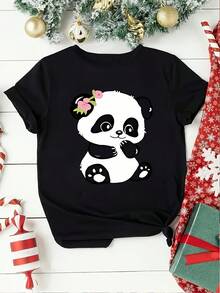 Camiseta de Mujer 1 Pieza con Estampado de Panda, Moderna, Casual, Holgada, Ropa Deportiva de Moda para Uso Diario, Lavable a Máquina, Cuello Redondo, Manga Corta - Negro - Ver 6