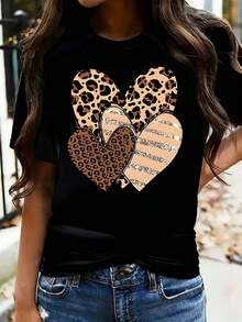 Camiseta de Mujer Talla Grande con Estampado de Corazón de Leopardo, Divertida, de Manga Corta, 100% Algodón, Cuello Redondo, 220g - Negro - Ver 1