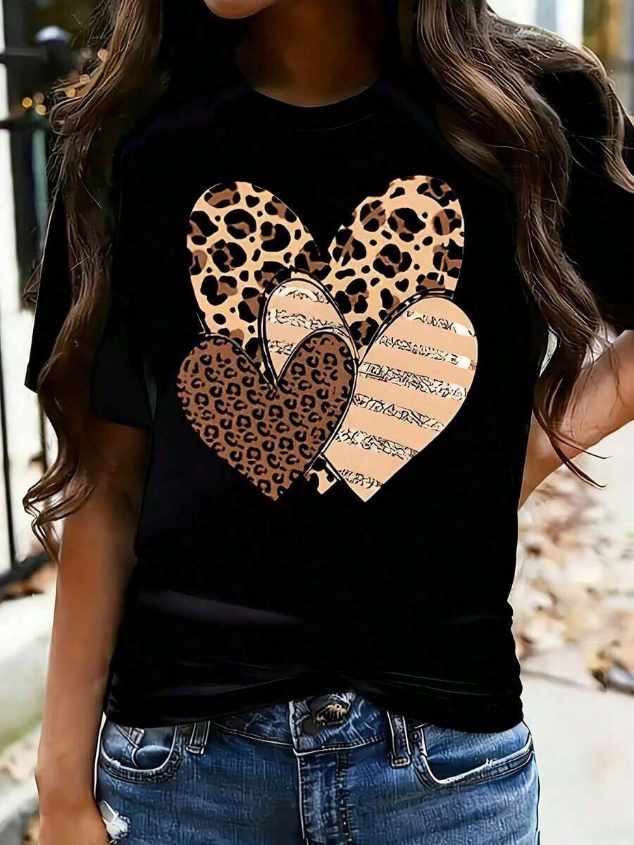Camiseta de Mujer Talla Grande con Estampado de Corazón de Leopardo, Divertida, de Manga Corta, 100% Algodón, Cuello Redondo, 220g - Negro - Ver 1