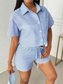 Conjunto de camisa casual de verano para mujer con rayas de manga corta y pantalones cortos con bolsillos - Azul y blanco - Ver 7