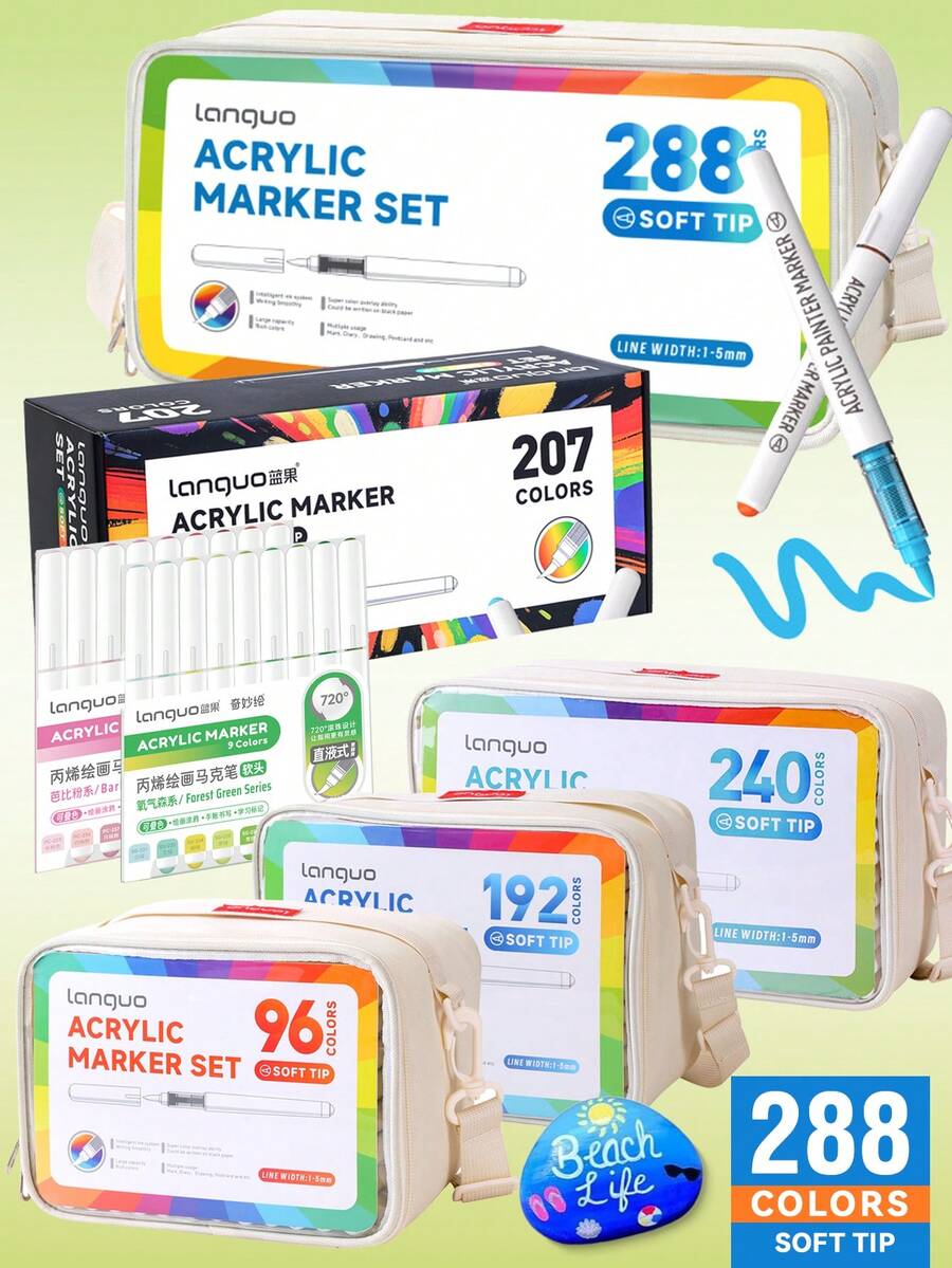 Set de 9 marqueurs de peinture acrylique, pointe souple grande capacité, macaron minimaliste, gris, marron, coloré, noir, convient pour les livres de coloriage, la peinture d'étudiants, le dessin de bandes dessinées, l'art sur papier non transparent, le graffiti DIY, les crayons de couleur, les pierres, le verre, la céramique, les métaux, 126 couleurs disponibles, indispensable pour la rentrée scolaire