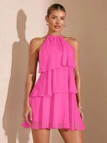 Vestido corto de gasa con hojas de loto en cascada de color rojo sólido, adecuado para citas diarias, salidas nocturnas, discotecas, fiestas, reuniones, fiestas de cóctel, fiestas de piscina, ropa de vuelta al colegio, vestidos de temporada esco - Rosa Fucsia - Ver 3