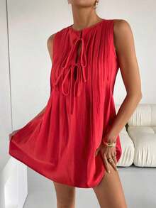 Vestido corto casual y sencillo sin mangas con lazo frontal de unicolor para mujer - Rojo - Ver 4