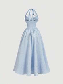 Vestido de mujer con cuello halter, fruncido y lazo, vestido de para mujeres, atuendo de Año Nuevo, vestido de baile deáscaras, atuendo de cumpleaños de mujer, vestido, vestido con lazo, vestido de princesa para Año Nuevo - Celeste - Ver 2