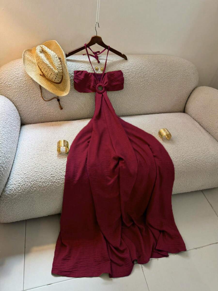 Women's Vacation Style Midi Dress, Print Backless Hollow Out Spaghetti Strap Dress, Summer Party Elegant - Burgundy - View 1