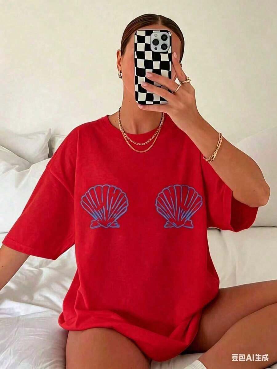 Camisetas Gráficas para Mujer con Estampado de Conchas Tropicales - Camiseta Casual de Alta Elasticidad con Cuello Redondo y Manga Corta, Lavable a Máquina, Blanca y Azul, Ropa de Playa de Verano, Ajuste Cómodo para Todas las Temporadas, Tela Transpirable, Diseño Simple, Camisetas para Mujer, Ropa de Vacaciones para Mujer, 100% Algodón, Camiseta Casual de Algodón para Mujer, Suave y Transpirable para Uso Diario. - Rojo - Ver 1