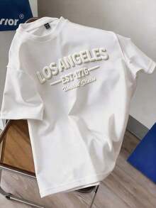 Camiseta de manga corta ManfinityJoysei para hombre, casual, de color sólido con letras en relieve, 100% algodón para verano. - Blanco - Ver 5