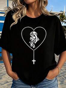 Camiseta de regalo cristiano de feólica con cruz de rosario, Virgen María, Jesús, 2026 nuevas camisetas impresas para mujeres, estilos populares, camisetas de primavera para mujeres, camisetas de invierno, camisetas de para mujeresás vendidas T3EB - Negro - Ver 1