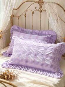 2 piezas de fundas de almohada con rayas finas, ribete de encaje fruncido, diseño de patrón a cuadros, tacto suave y cómodo, perfecto para el cuidado del cabello y la piel. Diseño de cierre de sobre (no incluye rellenos de almohada) - Morado - Ver 3