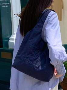 Large Capacity Shoulder Bag, Embroidered Letter Pattern, Suitable For Graduates, Teenage Girls, College Freshmen, Sophomores, Juniors, Seniors, High School And University Students, Ideal For Outdoor Activities, Travel And Back To School. This Literati-Inspired Backpack Is Also Suitable For Women Or Students To Carry Books, Shopping, Etc. - Navy Blue - View 4