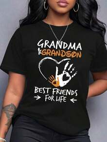 Camisetas de manga corta para mujer, 100% algodón, con la frase "Abuela e Hijo Nieto", estampado de manos y corazón, cuello redondo, manga corta, transpirable, negra, informal, para uso diario. - Negro - Ver 1