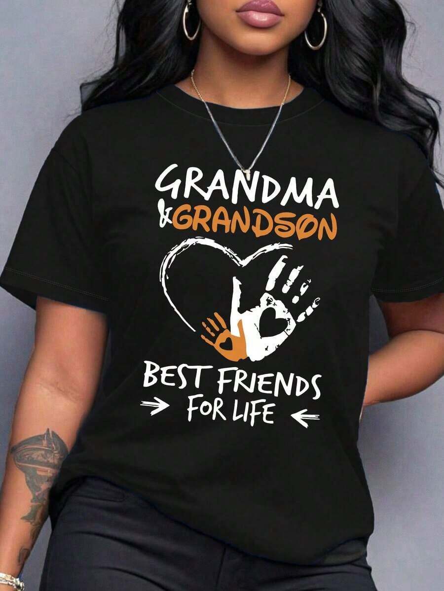 Camisetas de manga corta para mujer, 100% algodón, con la frase "Abuela e Hijo Nieto", estampado de manos y corazón, cuello redondo, manga corta, transpirable, negra, informal, para uso diario. - Negro - Ver 1