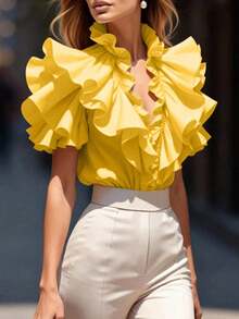 Blusa de mujer con cuello en V profundo, estampado de lunares y volantes multicapa - Amarillo - Ver 3