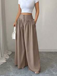 Nuevos pantalones anchos de mujer de estilo casual y elegante con diseño de hebilla floral, color caqui de lino, pantalones largos adecuados para el Día de Acción de Gracias, Halloween, primavera/verano - Marrón Mocha - Ver 5