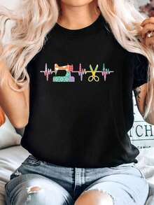 Camiseta de punto estampada para mujer, de manga corta, cuello redondo, hombros caídos, longitud regular, sencilla y elegante. - Negro - Ver 7