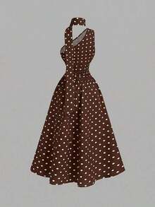 Vestido de verano de longitud media sin mangas con estampado de lunares elegante para mujer - Marrón Chocolate - Ver 5