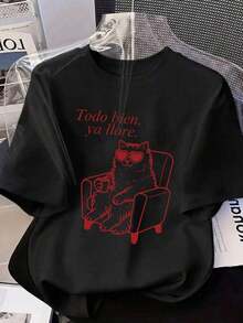 Camiseta de manga corta con cuello redondo, gráfico de corazón de gato y texto "He llorado lo suficiente", estilo casual para mujer, adecuada para primavera, verano, otoño, Día de San Valentín, vuelta al colegio, talla grande en color blanco - Negro - Ver 4