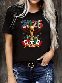 Camiseta temática de la Copa Mundial 2026, Camiseta de la Copa Mundial 2026, Camiseta de la Copa de Fútbol USA Canadá México, Camiseta de moda para aficionados al fútbol, Camiseta de fútbol mundial, Regalos de fútbol, 100% algodón puro, Camiseta de manga corta con cuello redondo y estampado divertido para mujer, Adecuada para: Eventos deportivos/Fiestas navideñas/Salidas/Deportes y otros regalos navideños. - Negro - Ver 1