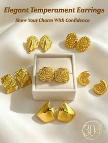 Gold-Plated Lady's Declaration Earrings, A Fashionable And Elegant Set Of Lady's Earrings, Including Flower Earrings, Conch Earrings, Asymmetrical Wave Earrings, Asymmetrical Ring-Shaped Earrings, Rectangular Pleated Earrings And Other Geometric-Shaped Earrings, With Unique Texture Design, Thick Gold-Plated Thick Gold Declaration Earrings - Earring Set - View 2