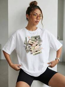 Camiseta de manga corta 100% algodón puro, nuevo estilo de verano, top holgado con estampado casual personalizado de estilo americano para mujer. - Blanco - Ver 9