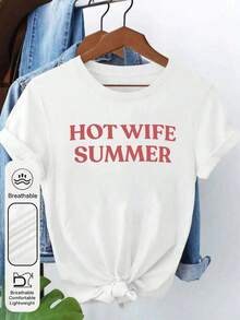 1 pieza Camiseta con estampado de eslogan de "Hot Wife" para verano, camiseta de manga corta con temática de vacaciones de verano para mujer, camiseta gráfica de humor casual para atuendos de vacaciones para mujer, 180g Algodón 100%. - Blanco - Ver 12