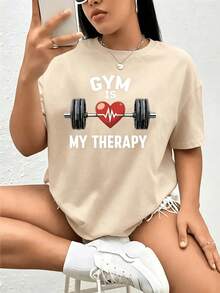 The Gym Is My Therapy 1 Piece Women's Plus Size T-Shirt 220g 100% Funny Oversized Short Sleeve Graphic T-Shirt Novelty Polyester T-Shirt Casual Round Neck Top Blouses For Women - 杏色 - 查看 1