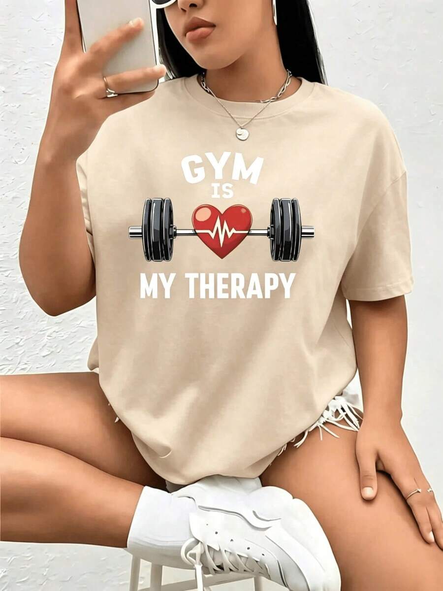 The Gym Is My Therapy 1 Piece Women's Plus Size T-Shirt 220g 100% Funny Oversized Short Sleeve Graphic T-Shirt Novelty Polyester T-Shirt Casual Round Neck Top Blouses For Women - 杏色 - 查看 1