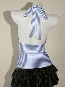 Top halter de estampado de rayas azul y blanco, elegante y versátil, adecuado para primavera/verano, cómodo para vacaciones de verano y playa para mujeres - Multicolor 2 - Ver 2