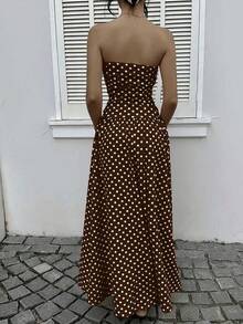 Vestido de Mujer con Estampado de Lunares y Cintura Ajustada, Estilo Vacacional, Falda Larga Marrón, Elegante, Casual, Moda de Verano - Marrón oscuro - Ver 3