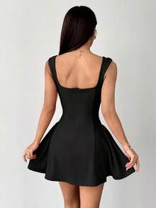 Vestido rojo sólido, mini, con cuello cuadrado sexy y elegante, cintura de gota para fiesta y citas - Negro - Ver 2
