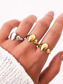 Uself 3 pezzi/1 pezzo Set di anelli a goccia asimmetrici placcati in oro 18K in acciaio inossidabile 304, anelli con apertura irregolare lucidati, adatti per uso quotidiano, feste, regali per le vacanze per le donne, gioielleria da donna, gioielleria occidentale, marchio da donna - Multicolore - Visualizzare 5