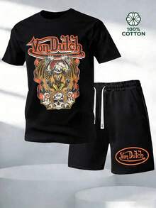Men's 2PC " Vons Duth " Print T-Shirt & Shorts Set, 100% Cotton, Lightweight, Breathable, Soft Comfort,  Streetwear, Casual Outfit For Summer, Vacation, Daily Wear & Outdoor Activities - màu đen - Xem 1