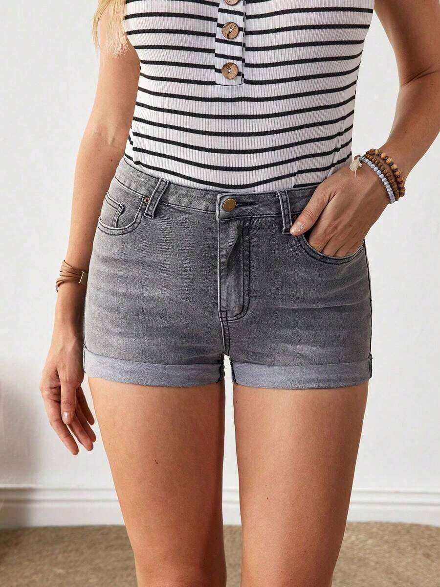 Denim Shorts With Zip-Up Hem And Folded-Down Front - Bronze - View 1