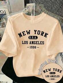 Women's New York Graphic Print Crew Neck Short-Sleeve T-Shirt, Regular Fit, Made Of Polyester With Slight Stretch For An Urban Style -- Women's Cool Short-Sleeve T-Shirt, Made Of Pure Cotton. - 卡其色 - 查看 2