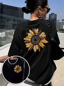Camiseta de Mujer con Estampado de Girasol y Leopardo de Doble Cara - Blusa de Manga Corta con Cuello Redondo y Estampados Delanteros/Traseros, Tela de Elasticidad Media para Primavera, Verano y Otoño, Atuendos Casuales y Semi-Formales - Camiseta Lavable a Máquina (En Stock) Y2k Camiseta Camisa De - Negro - Ver 1
