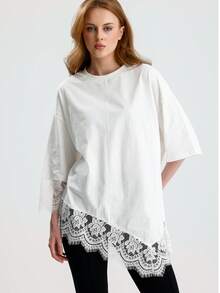 RoseArya 100% Cotton Patch Lace Detail Oversized T-Shirt - White - View 4